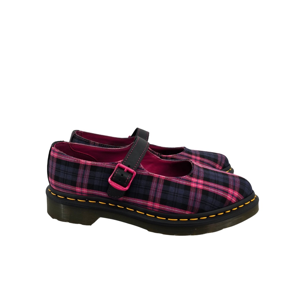 Dr. Martens Elfie MJ Pink Navy Plaid Mary Jane Pointed Toe Shoes 39